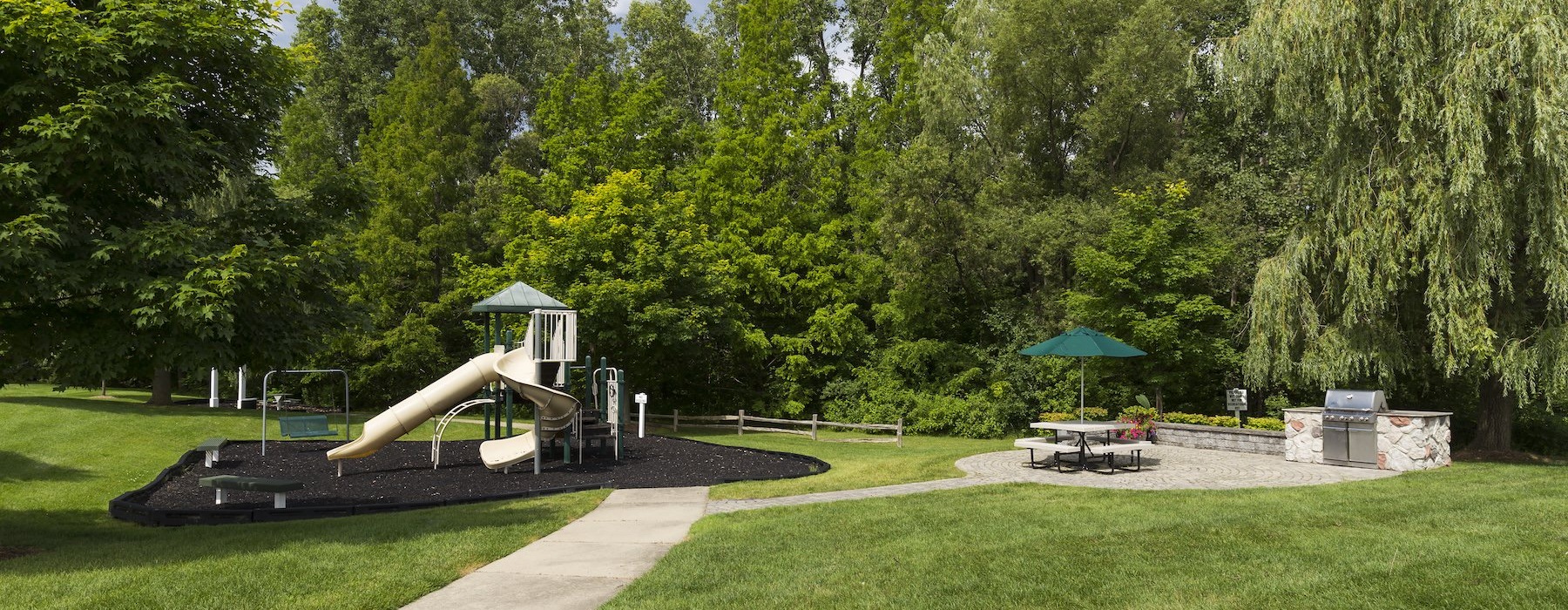 a playground with grass and trees in the background